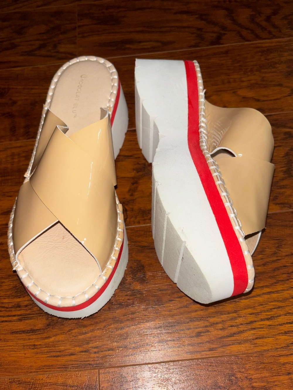 Chocolat Blu Lug Sole Platform Sandal Tan Beige + Red Stripe 3-inch Heel Wedges